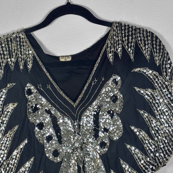 Vintage Silk Butterfly Sequin Top Black & Silver Women’s Size M New Years Eve - Picture 3 of 15